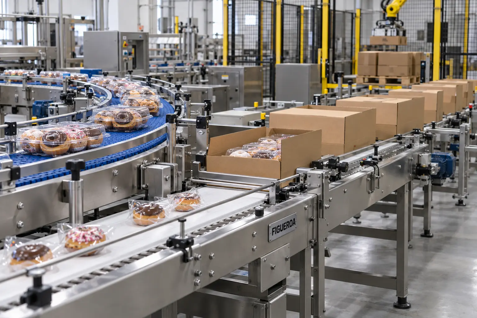 FIC-branded donut packaging and case conveyor