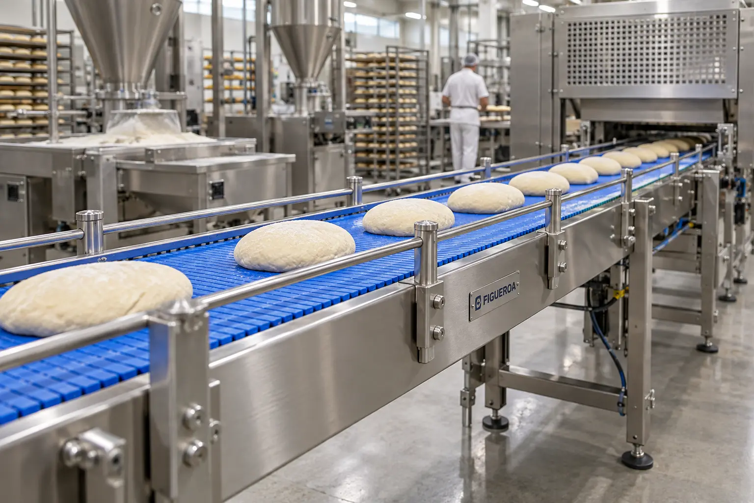 FIC-branded sanitary conveyor carrying bread dough
