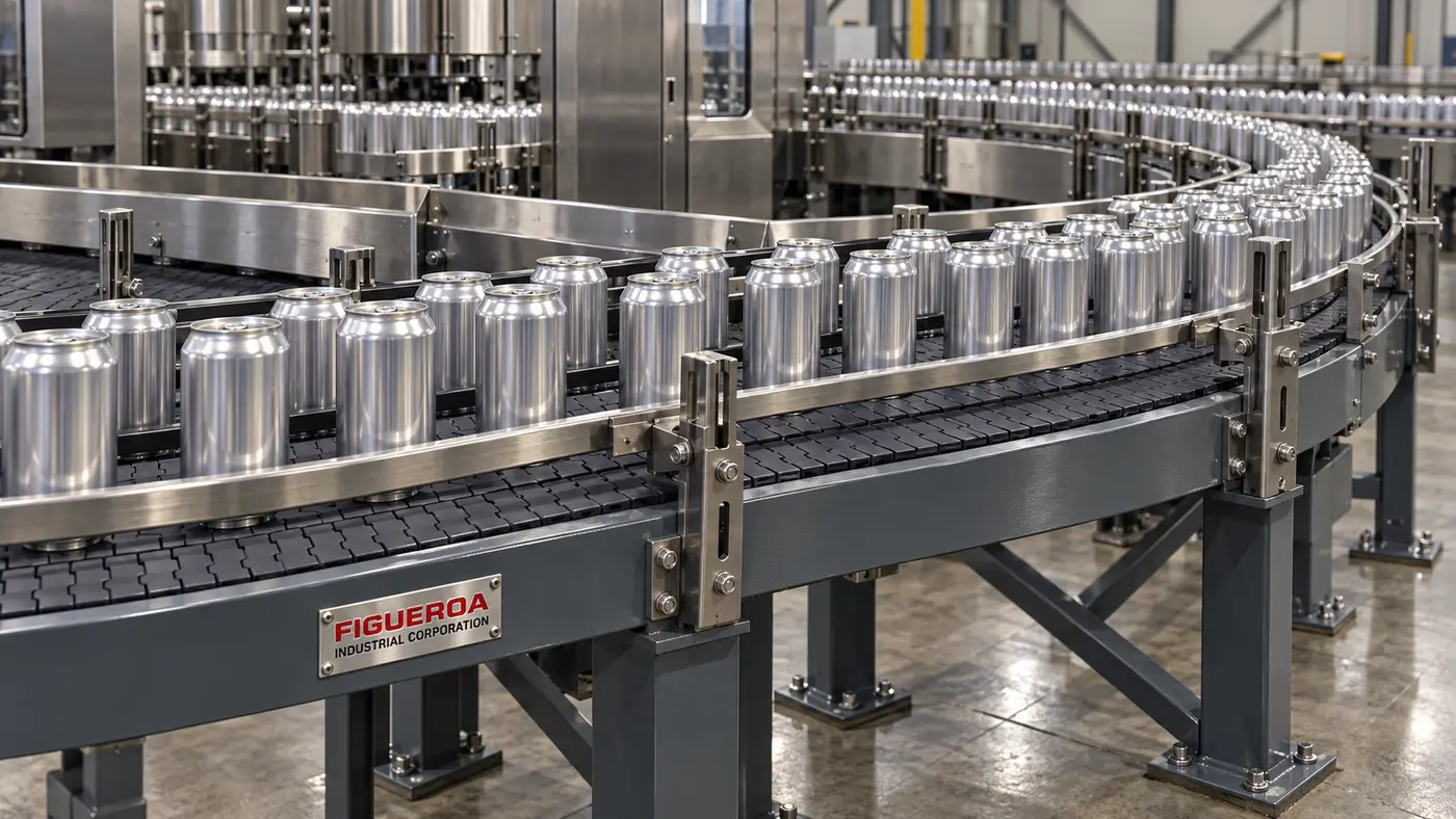 FIC-branded beverage can conveyor