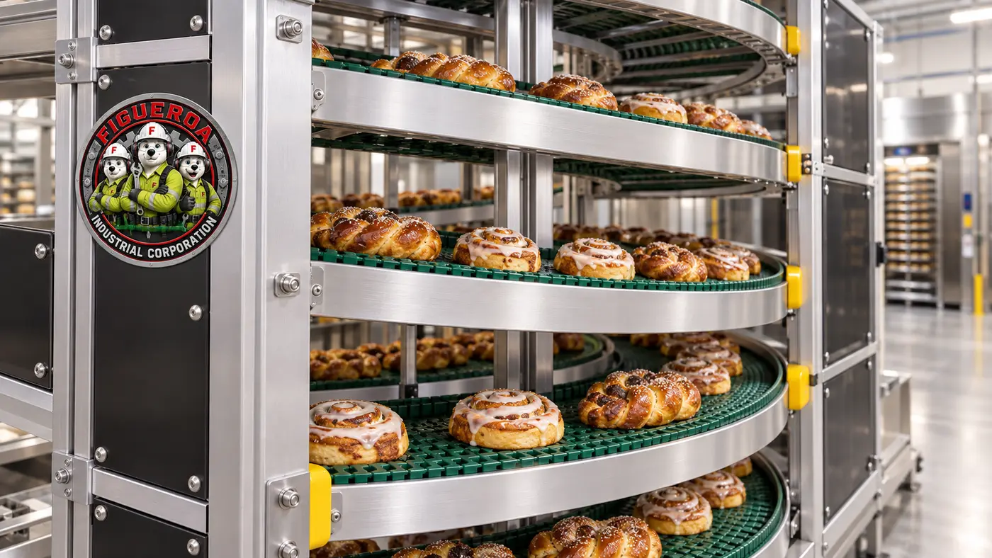 FIC-branded spiral conveyor carrying bakery products