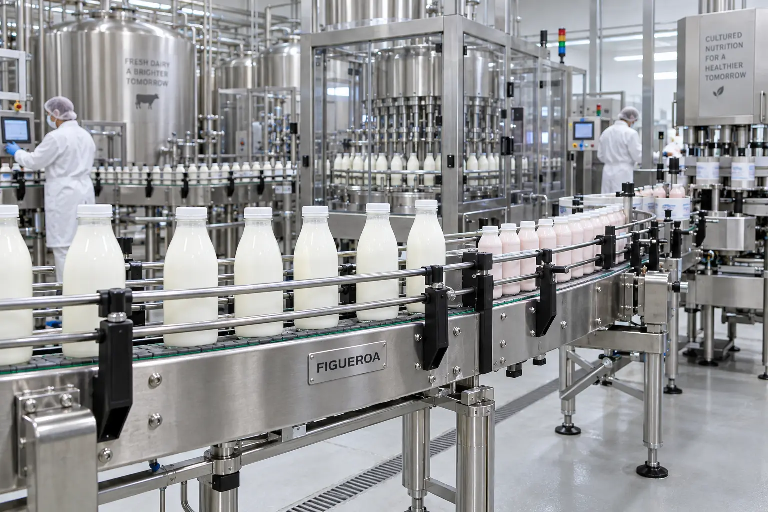 FIC-fabricated sanitary conveyor carrying milk and cultured dairy bottles