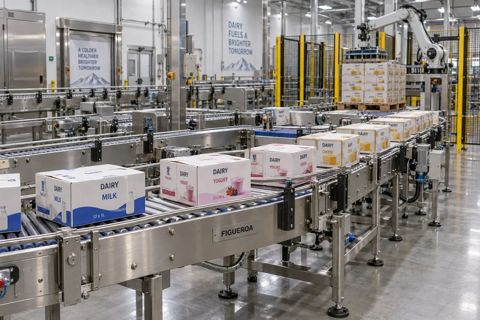 FIC-fabricated end-of-line conveyor transporting packaged dairy cases