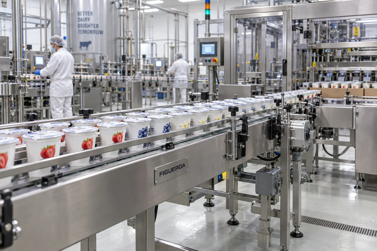 FIC-fabricated sanitary conveyor carrying sealed yogurt cups into dairy packaging