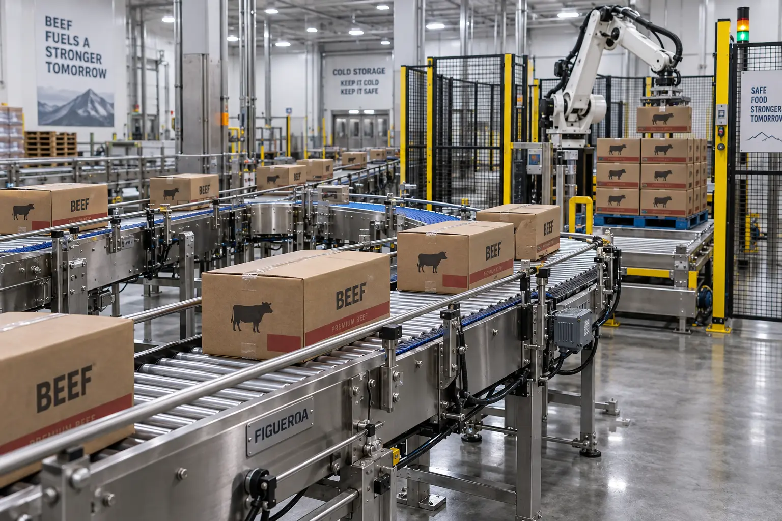 FIC-fabricated end-of-line conveyor transporting packaged beef cases
