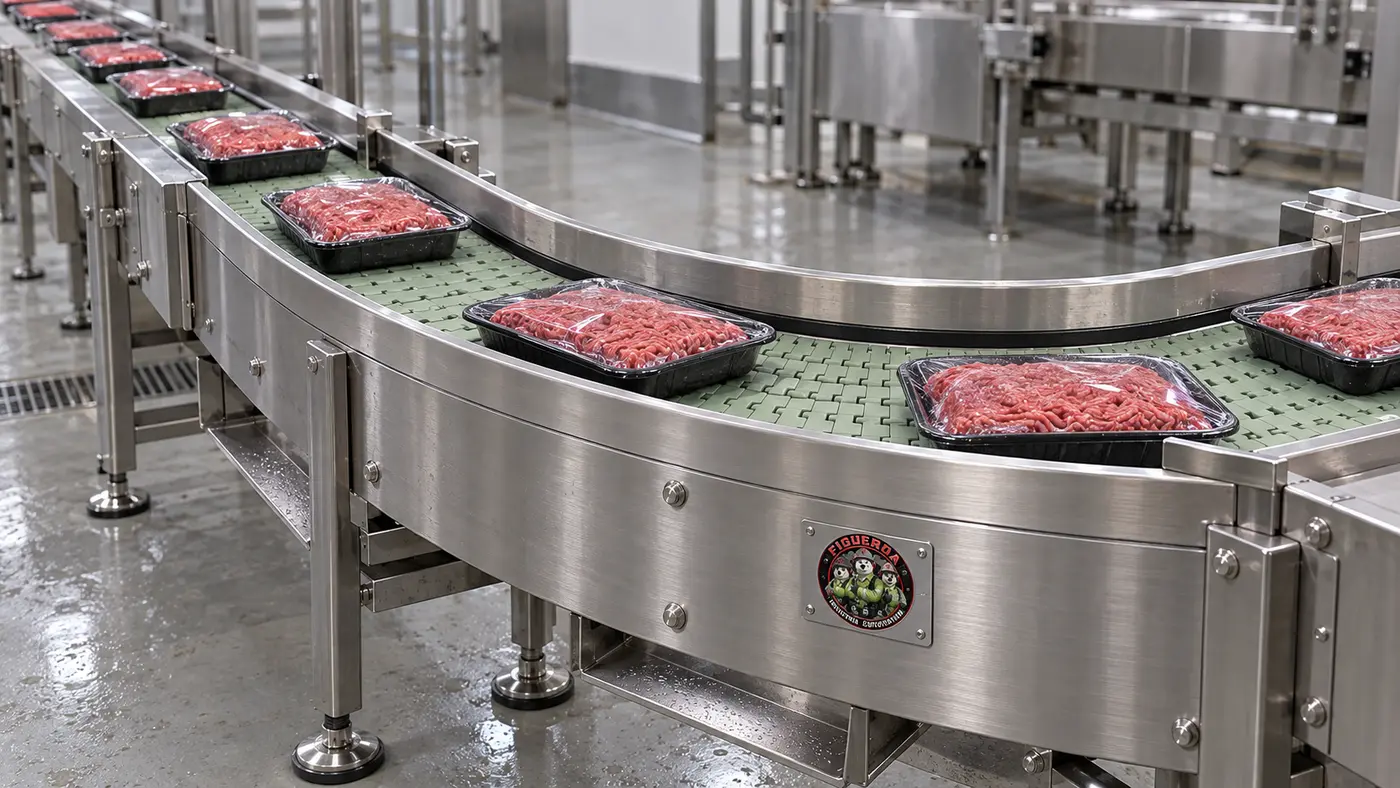 FIC-branded conveyor carrying packaged meat