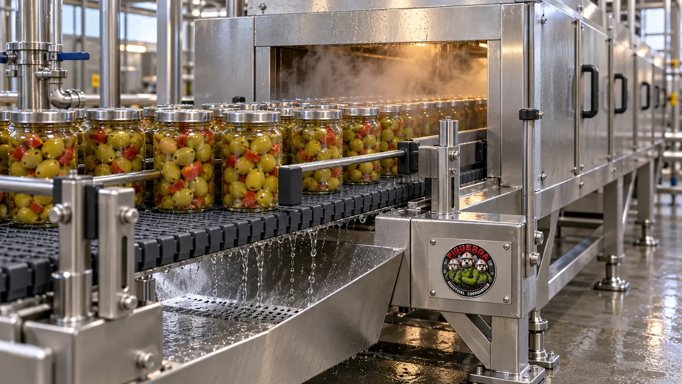 FIC-branded conveyor transporting jars of vegetables