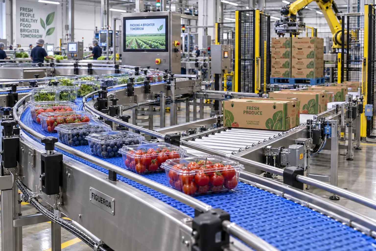 FIC-branded fruit and vegetable packaging and case-handling conveyors