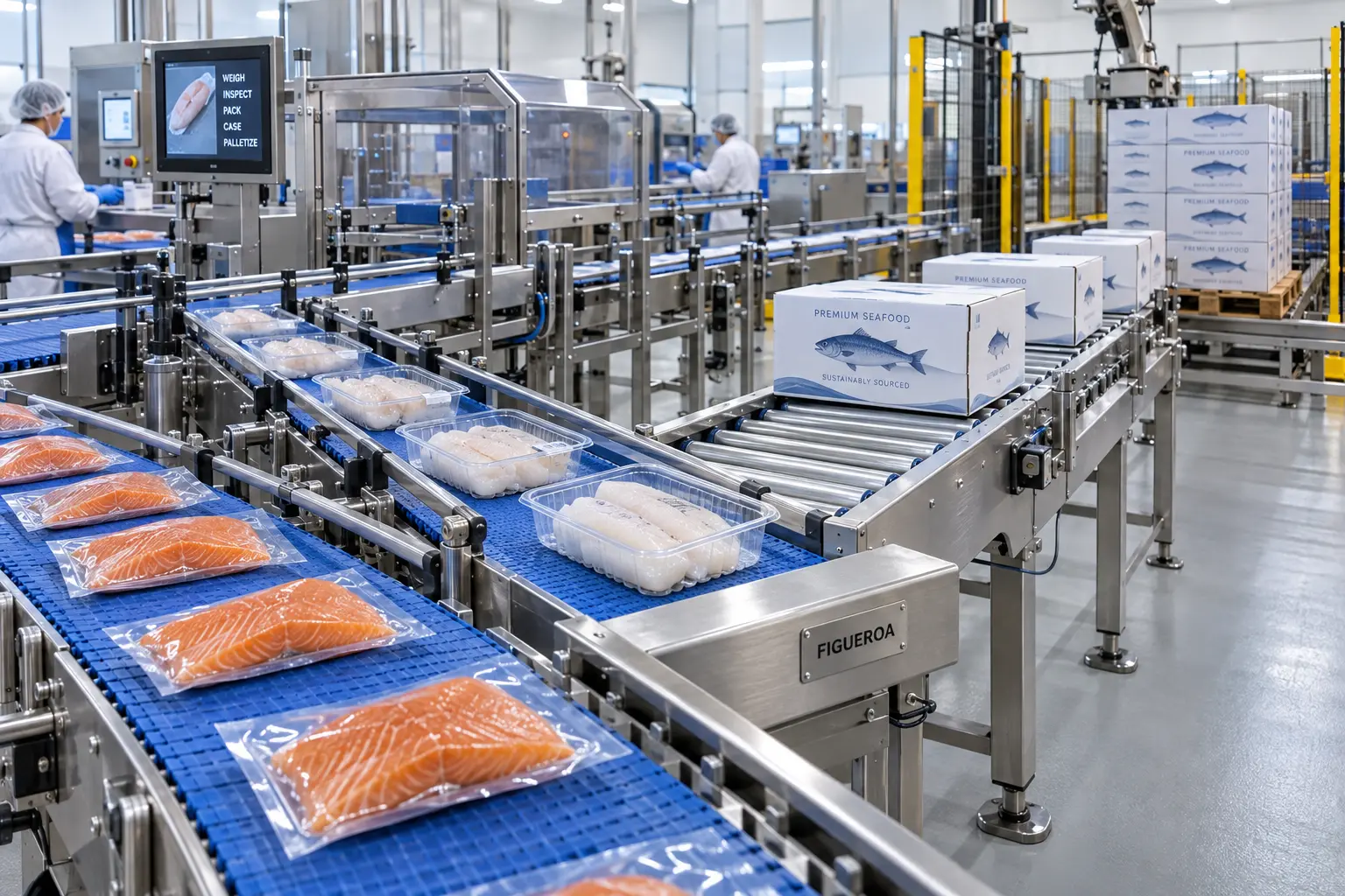 FIC-branded seafood packaging and case-handling conveyor