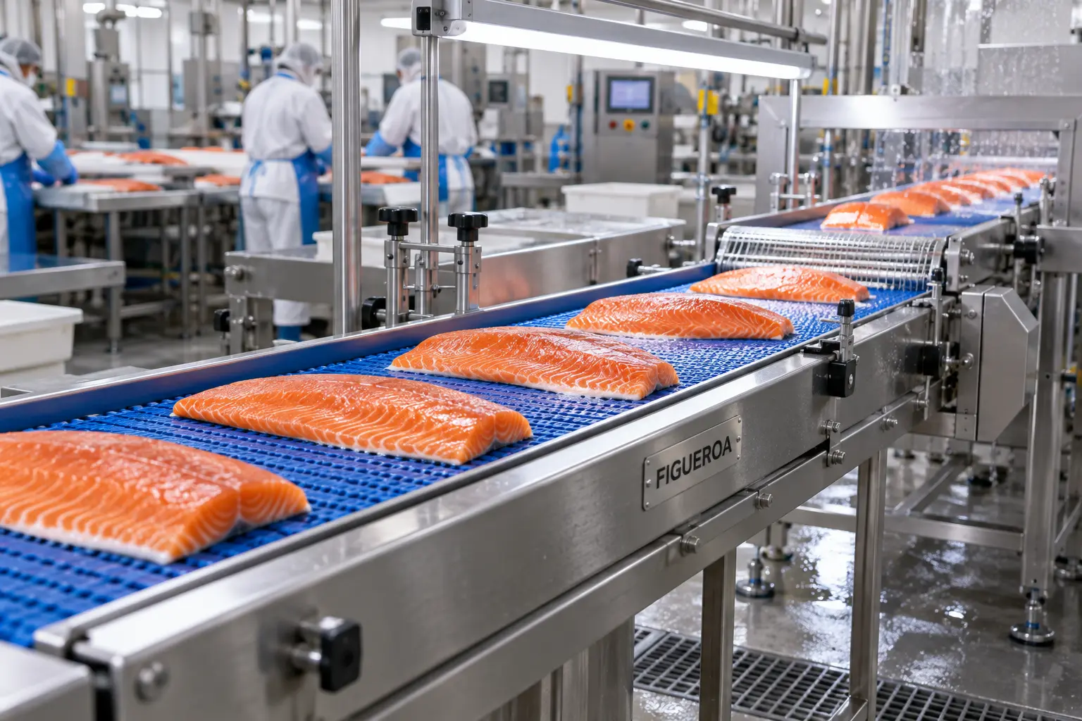 FIC-branded conveyor carrying salmon fillets