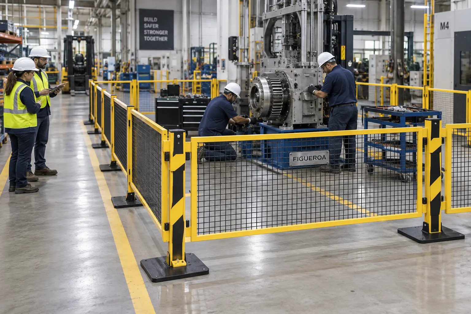 FIC portable steel safety barriers protecting an industrial work area